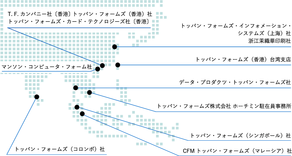 トッパン・フォームズ・インフォメーション・ システムズ（上海）社 浙江茉織華印刷社 トッパン・フォームズ（香港）台湾支店 T. F. カンパニー社〔香港〕 トッパン・フォームズ（香港）社 トッパン・フォームズ・カード・テクノロジーズ社〔香港〕 マンソン・コンピュータ・フォーム社 データ・プロダクツ・トッパン・フォームズ社 トッパン・フォームズ株式会社 ホーチミン駐在員事務所 トッパン・フォームズ（シンガポール）社 CFMトッパン・フォームズ（マレーシア）社 トッパン・フォームズ（コロンボ）社